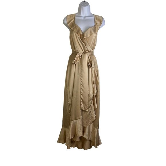 Show Me Your Mumu Womens Samantha Ruffle Wrap Dress Gold Luxe Satin Size Large - Picture 3 of 12